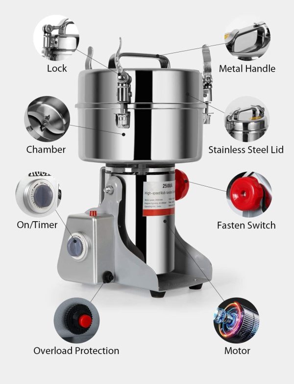 2500g Grinding Machine – ඇඹරුම් යන්ත්‍රය Electric Grain Dry Grinder Commercial Swing Type Dry Mill Machine, Stainless Steel 4000W High Speed Pulverizer - Image 3