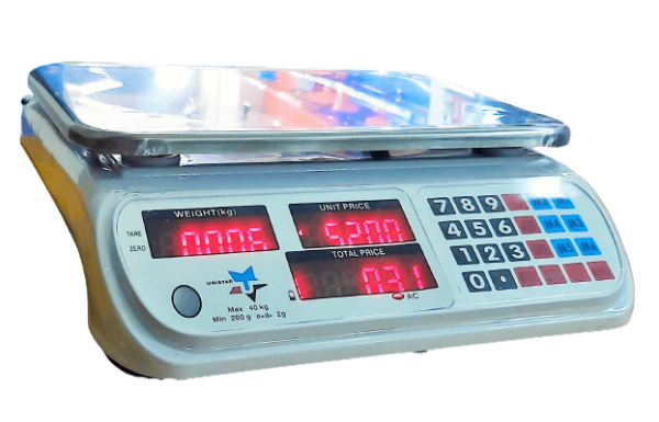 40kg ELECTRONIC SCALE DUAL COLOUR DISPLAY– Capacity : 40kg – DIvision : 2g  – Red and Green LED display in same scale  – Dual side display  – Rechargeable  – 1 year warranty – Internal usage